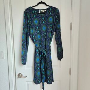 Boden Kate Midi Shirt Dress French Navy Artizian Geo Long Sleeve Belted US 14 R